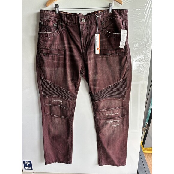 NWT ROCK REVIVAL MEN'S JEANS 42 38 JACK BIKER MOTO BURGUNDY new - Picture 6 of 16